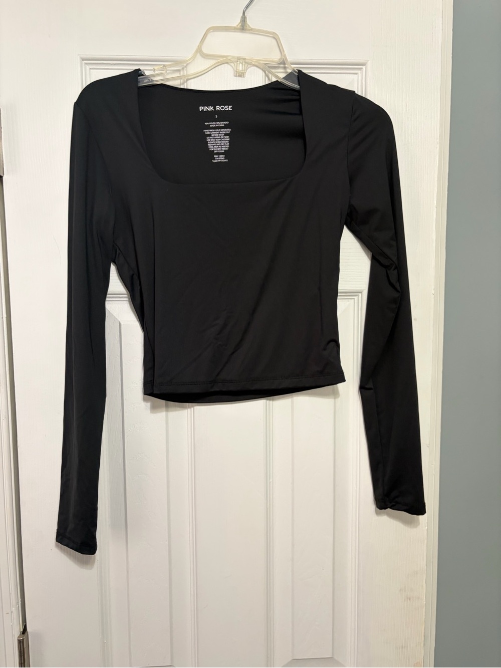 Pink Rose Black Long Sleeve Square-Neck Crop Top